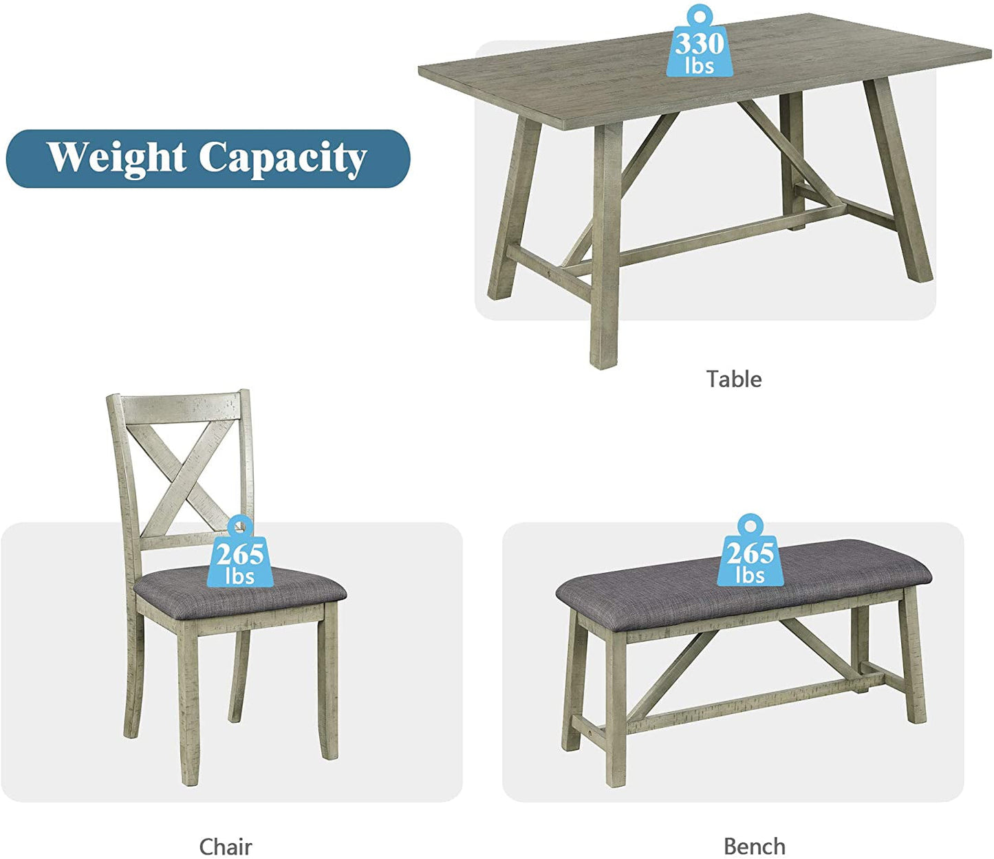 Rustic Gray 6 Piece Dining Set with Cushioned Chairs