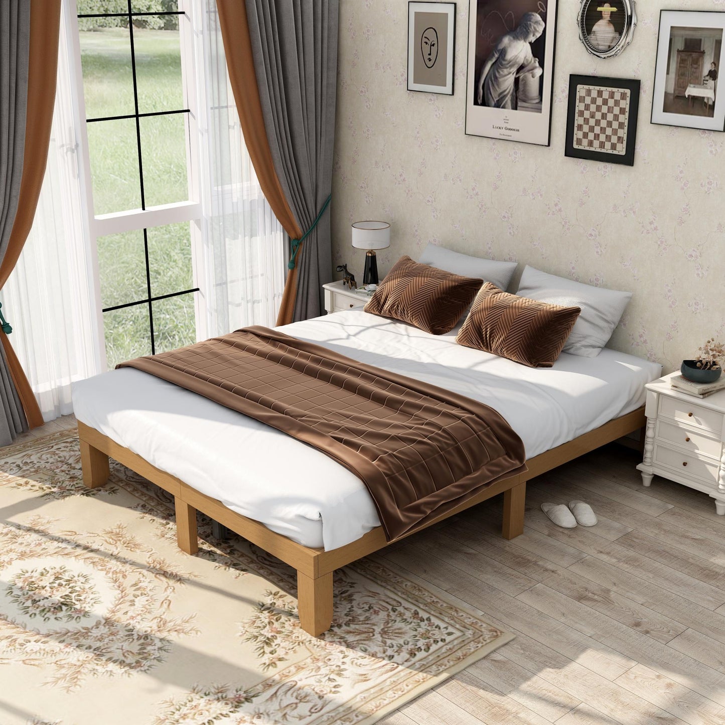 Queen Size Wood Platform Bed Frame, No Box Spring Needed