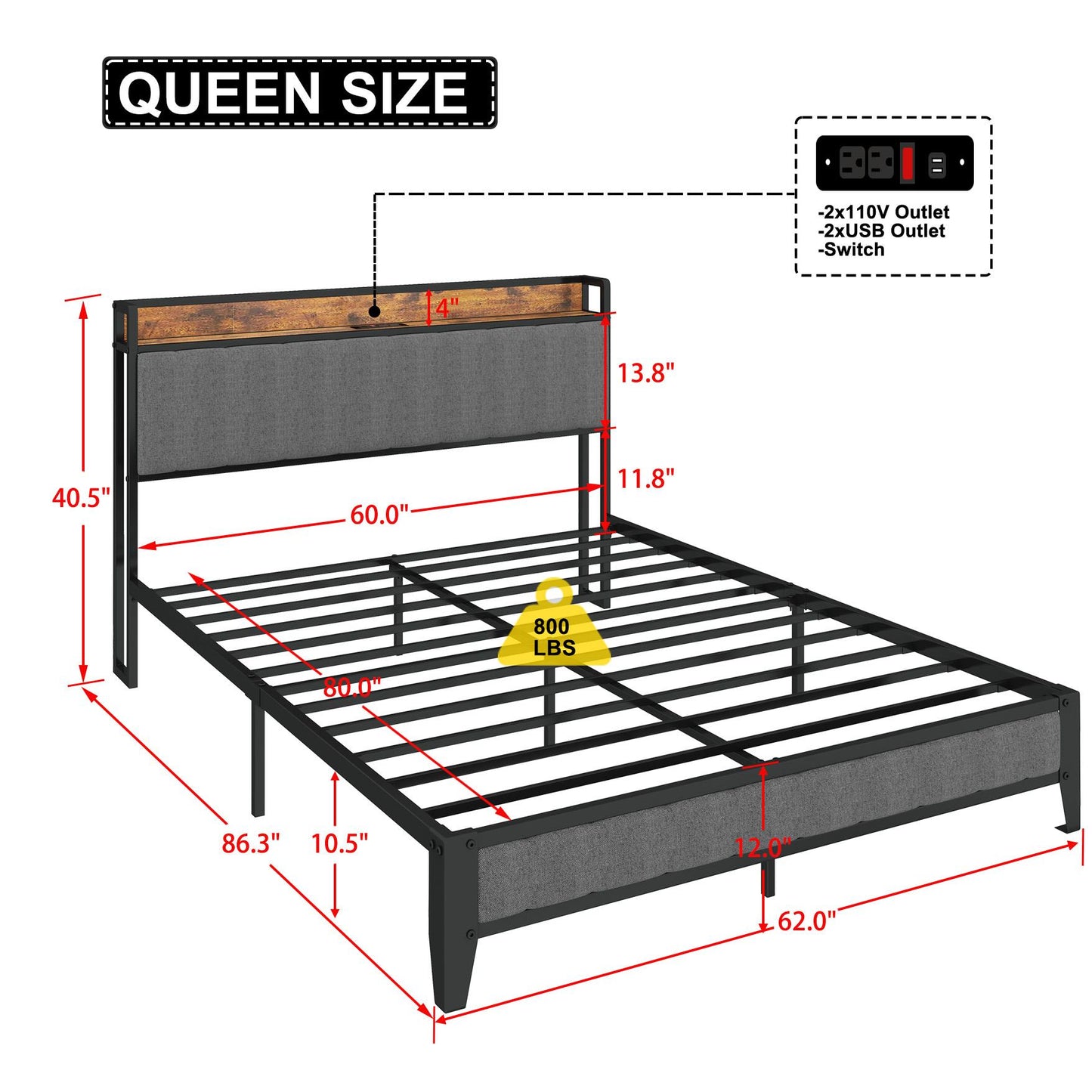 Havenly Queen Metal Platform Bed Frame with Charging Ports & Upholstered Headboard