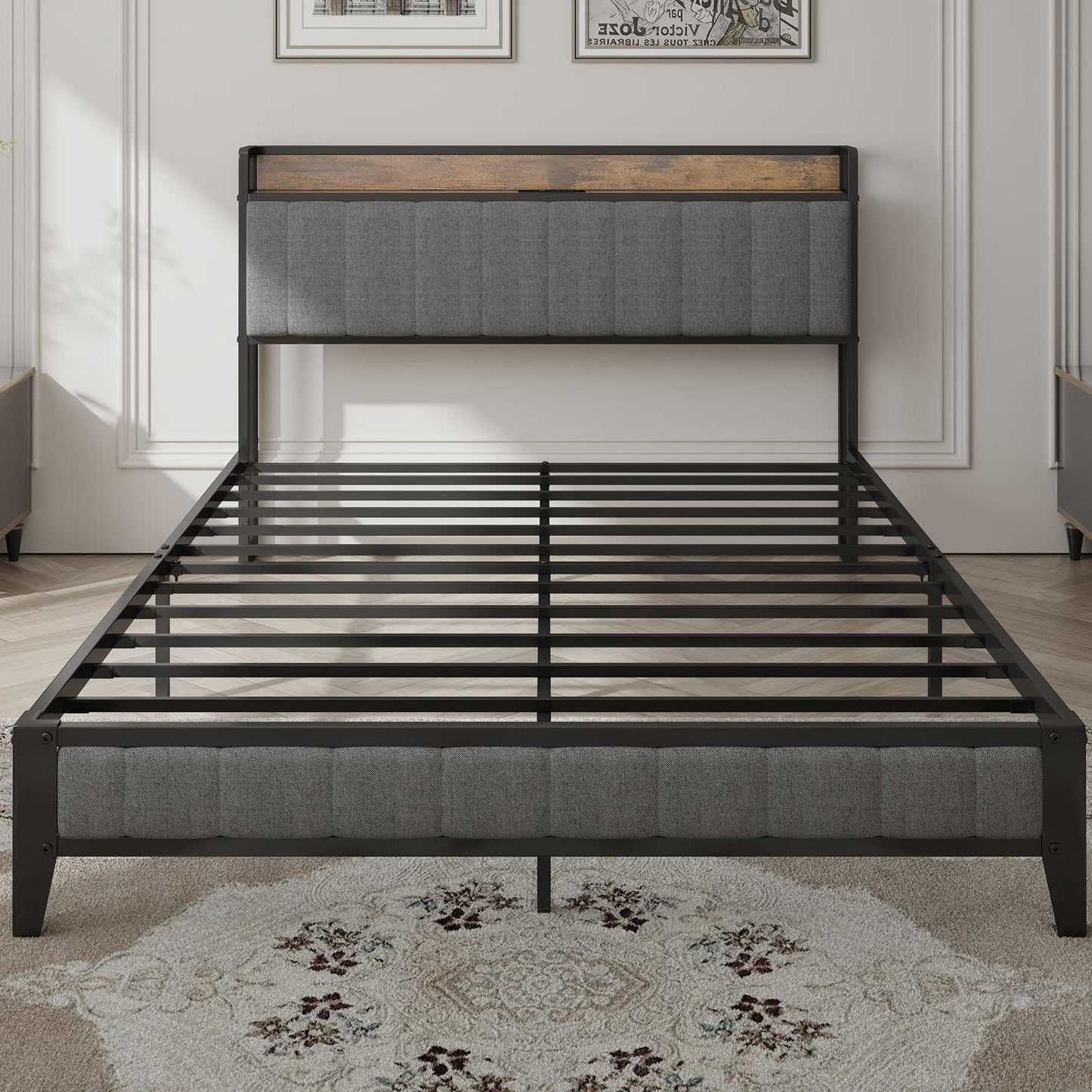 Havenly Queen Metal Platform Bed Frame with Charging Ports & Upholstered Headboard