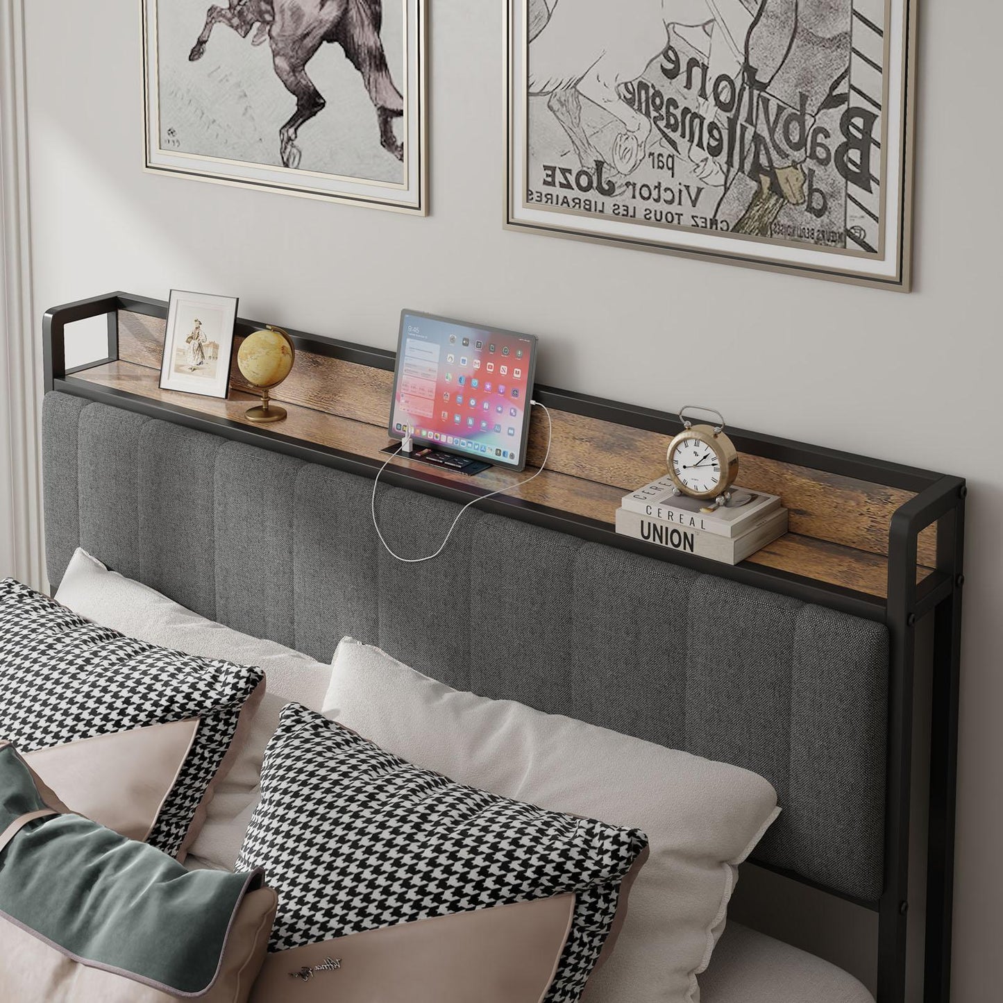 Havenly Full Metal Platform Bed Frame with Charging Ports & Upholstered Headboard