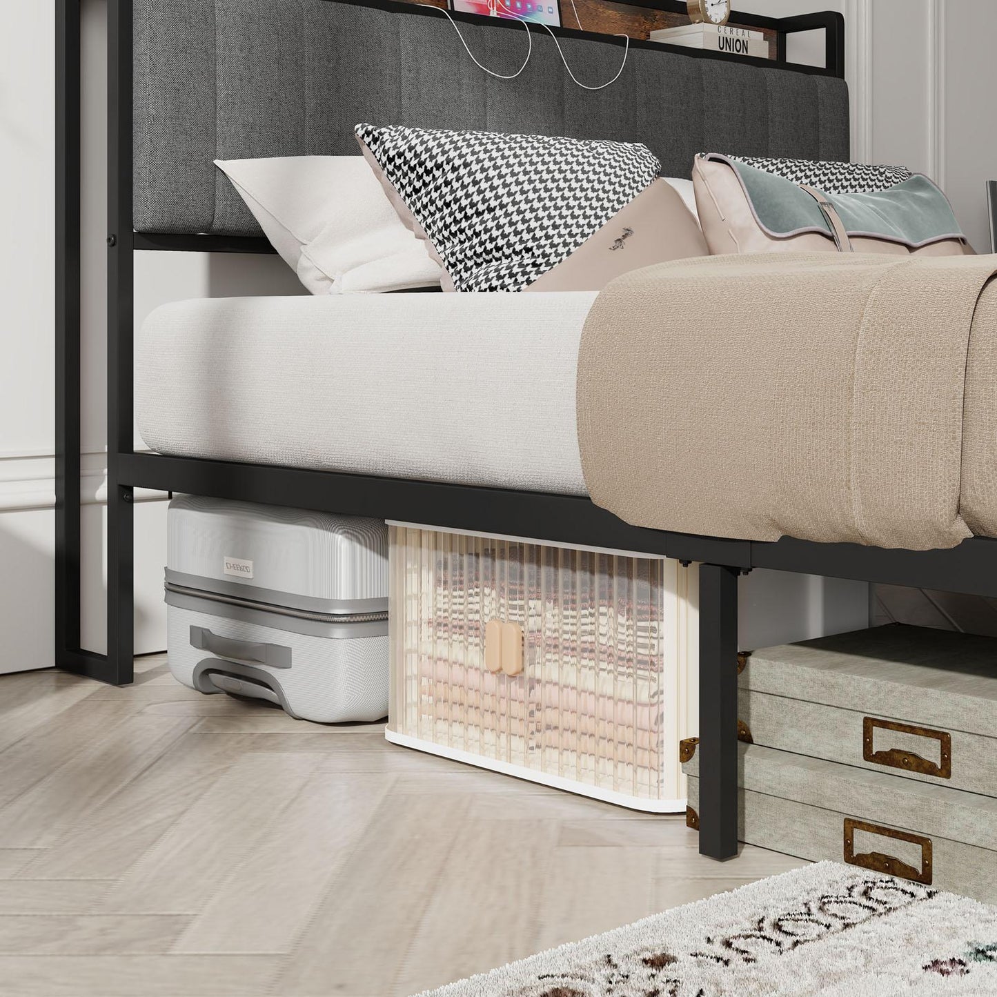 Havenly Full Metal Platform Bed Frame with Charging Ports & Upholstered Headboard
