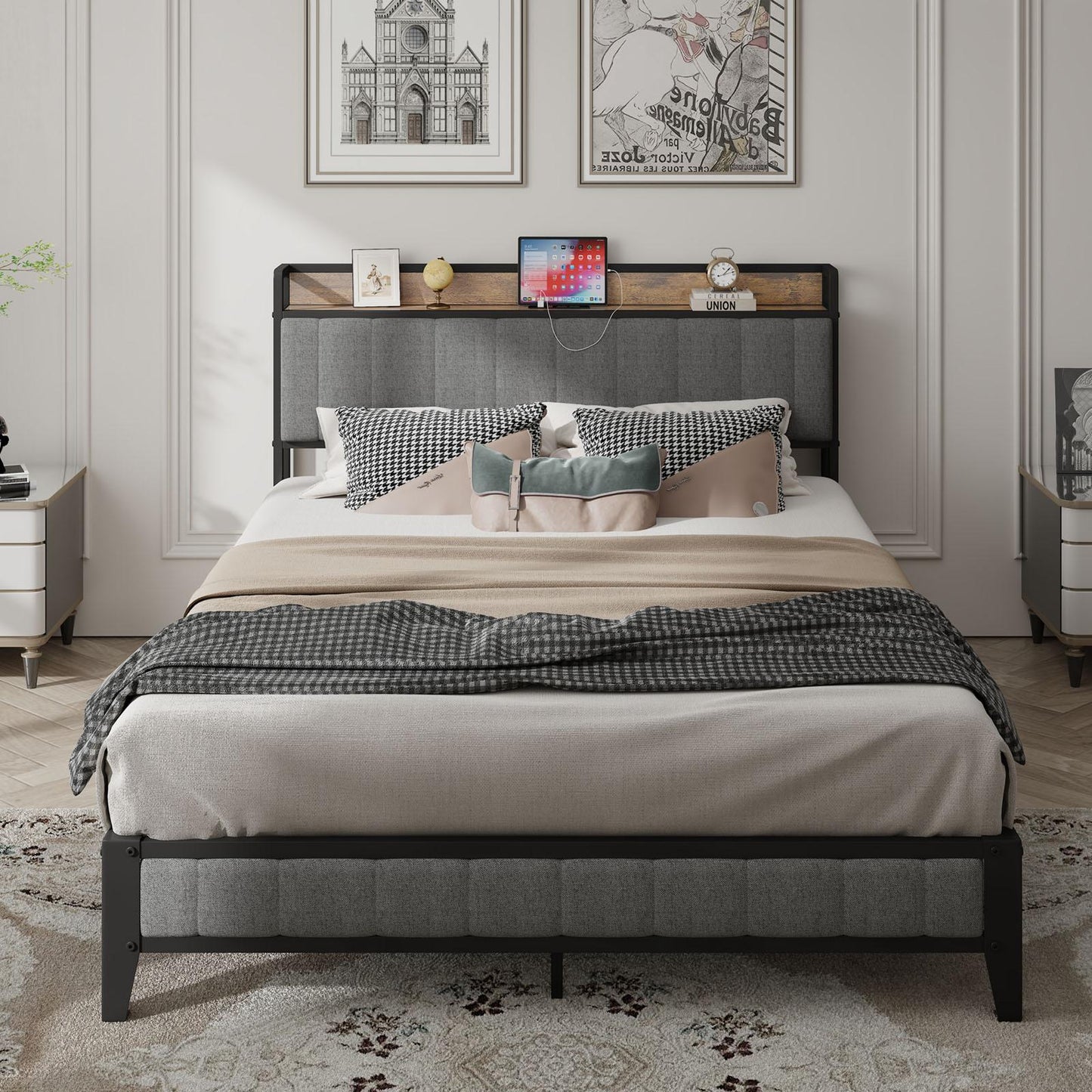 Havenly Queen Metal Platform Bed Frame with Charging Ports & Upholstered Headboard
