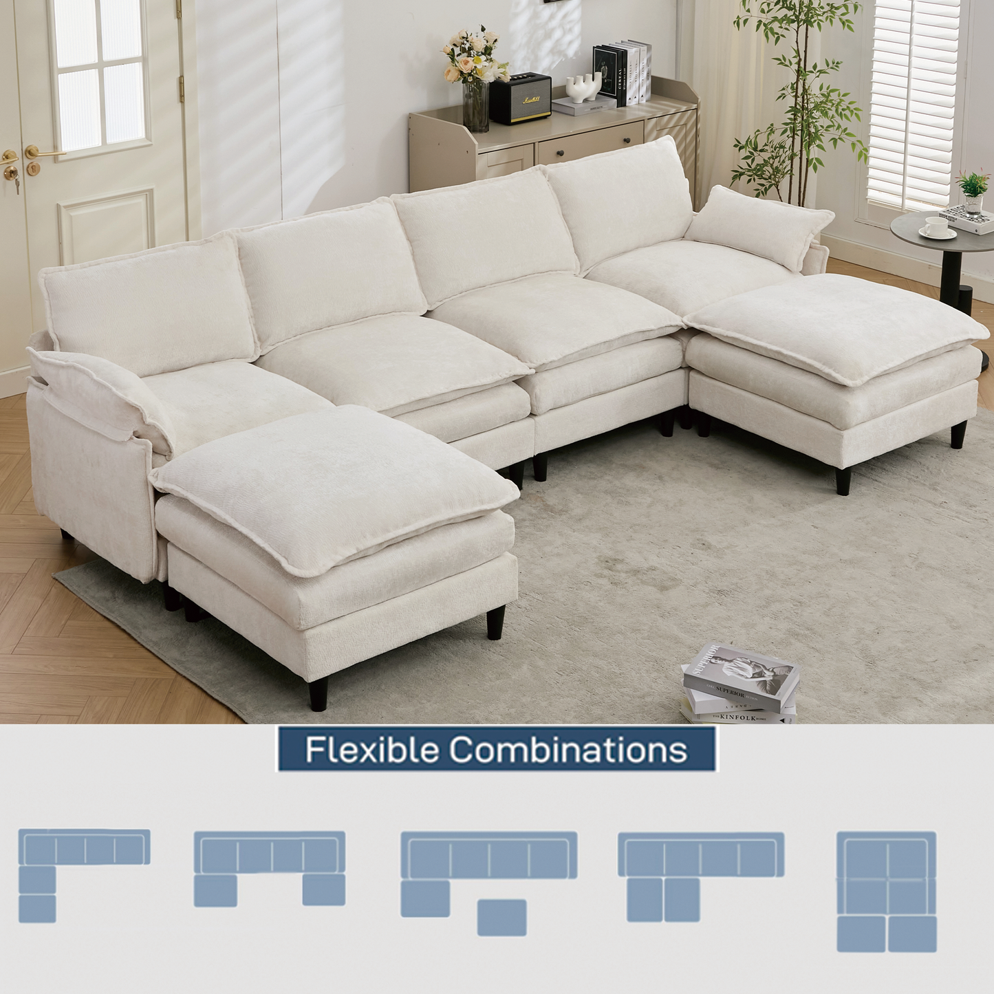 U-Shaped Cloud Modular Sofa 6 Seater Comfy Sectional with Armrests