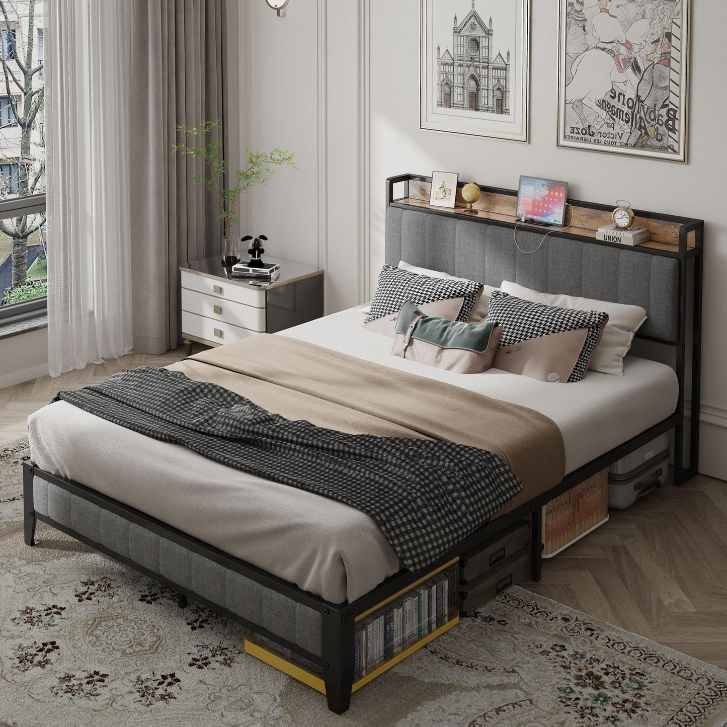 Havenly Queen Metal Platform Bed Frame with Charging Ports & Upholstered Headboard