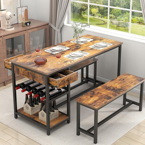 Rustic Dining Table Set For 4 To 6 With Storage Drawer