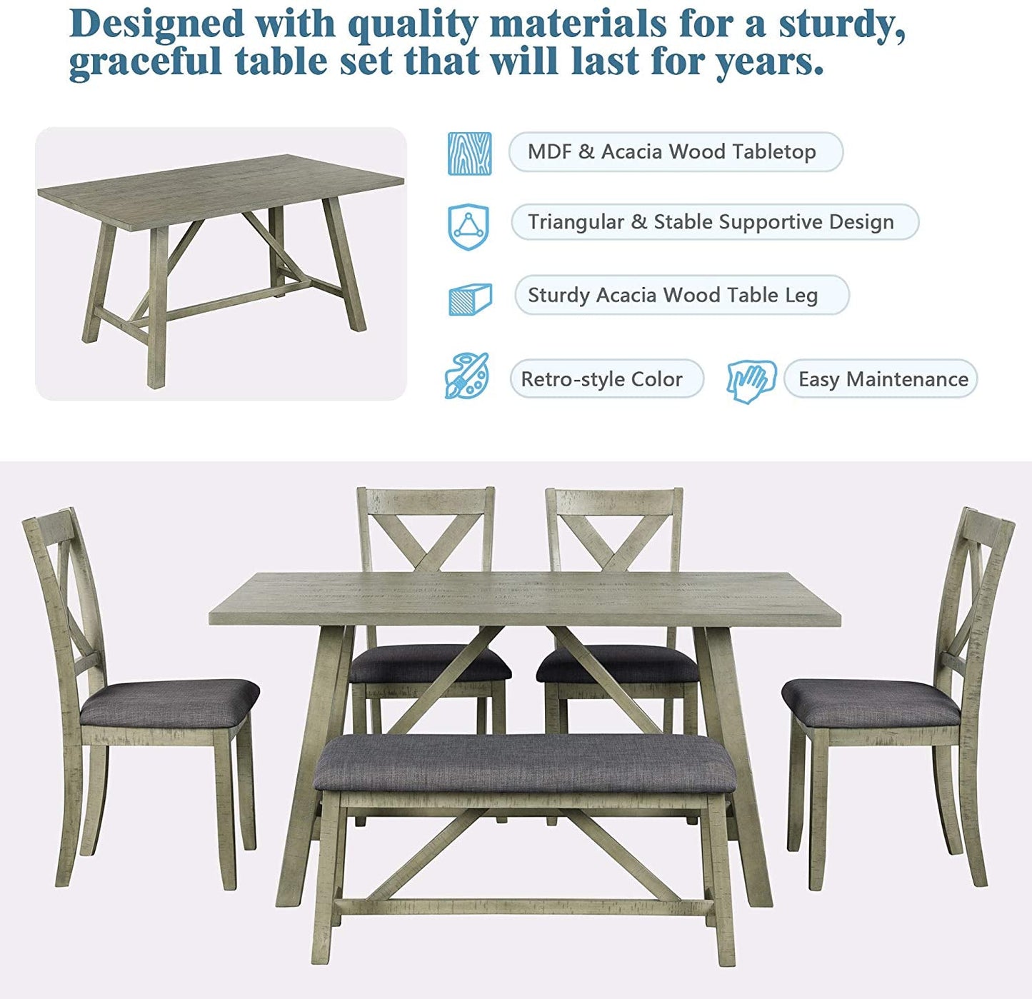 Rustic Gray 6 Piece Dining Set with Cushioned Chairs