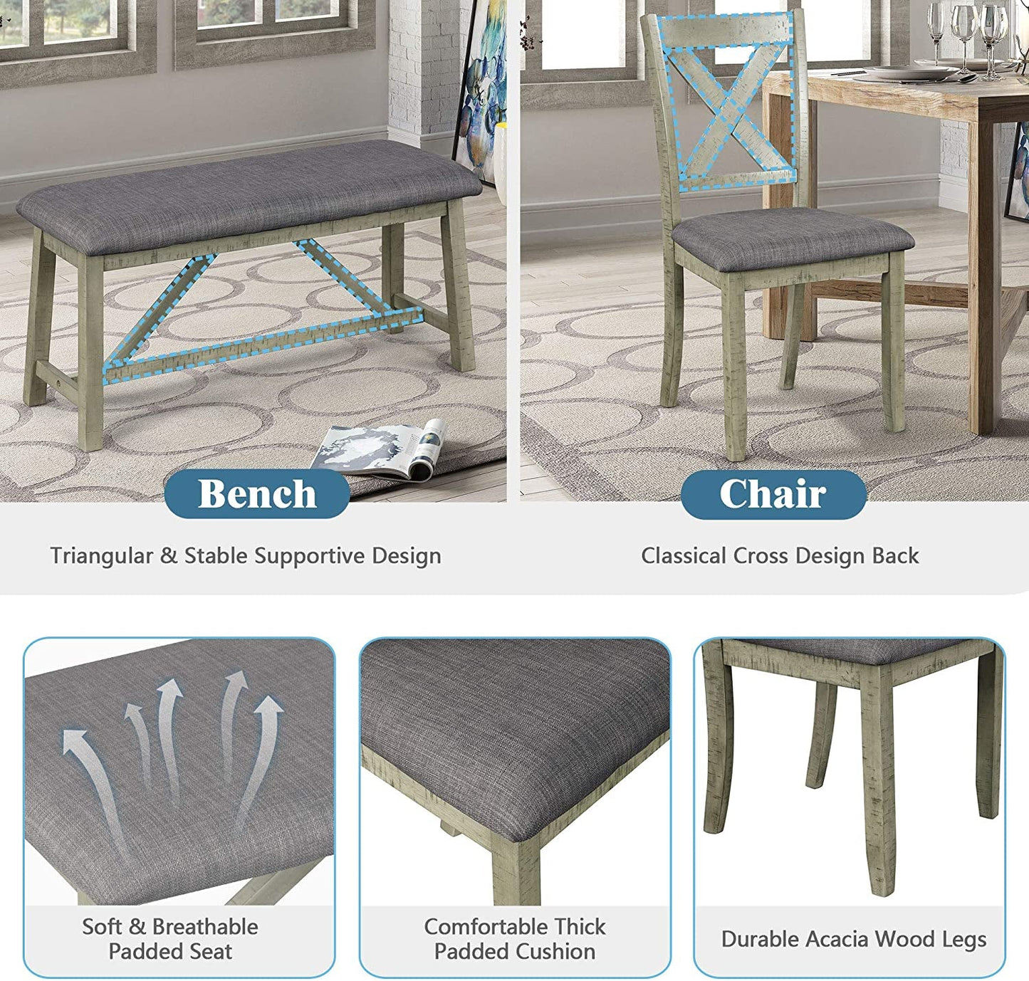 Rustic Gray 6 Piece Dining Set with Cushioned Chairs