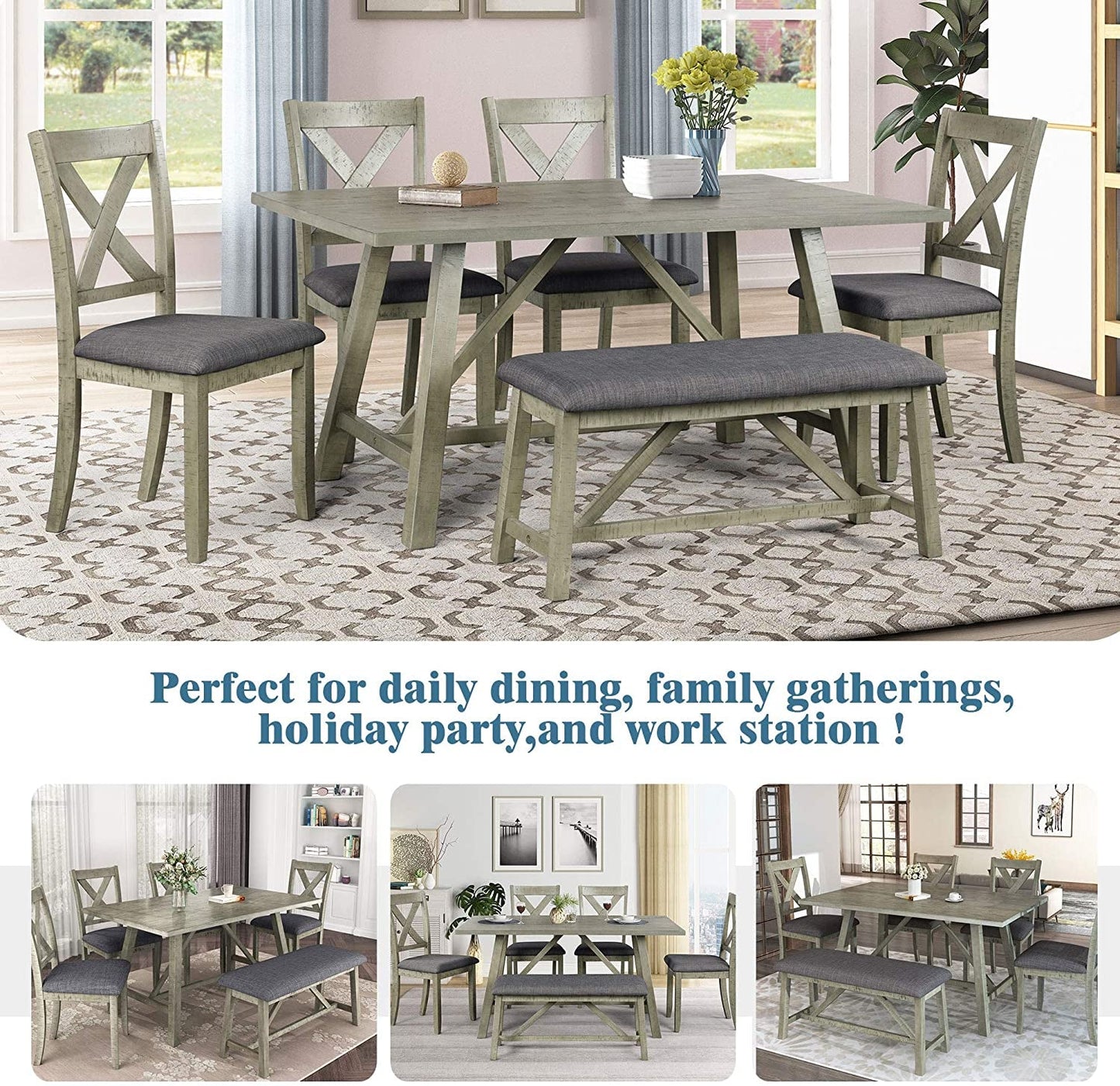 Rustic Gray 6 Piece Dining Set with Cushioned Chairs