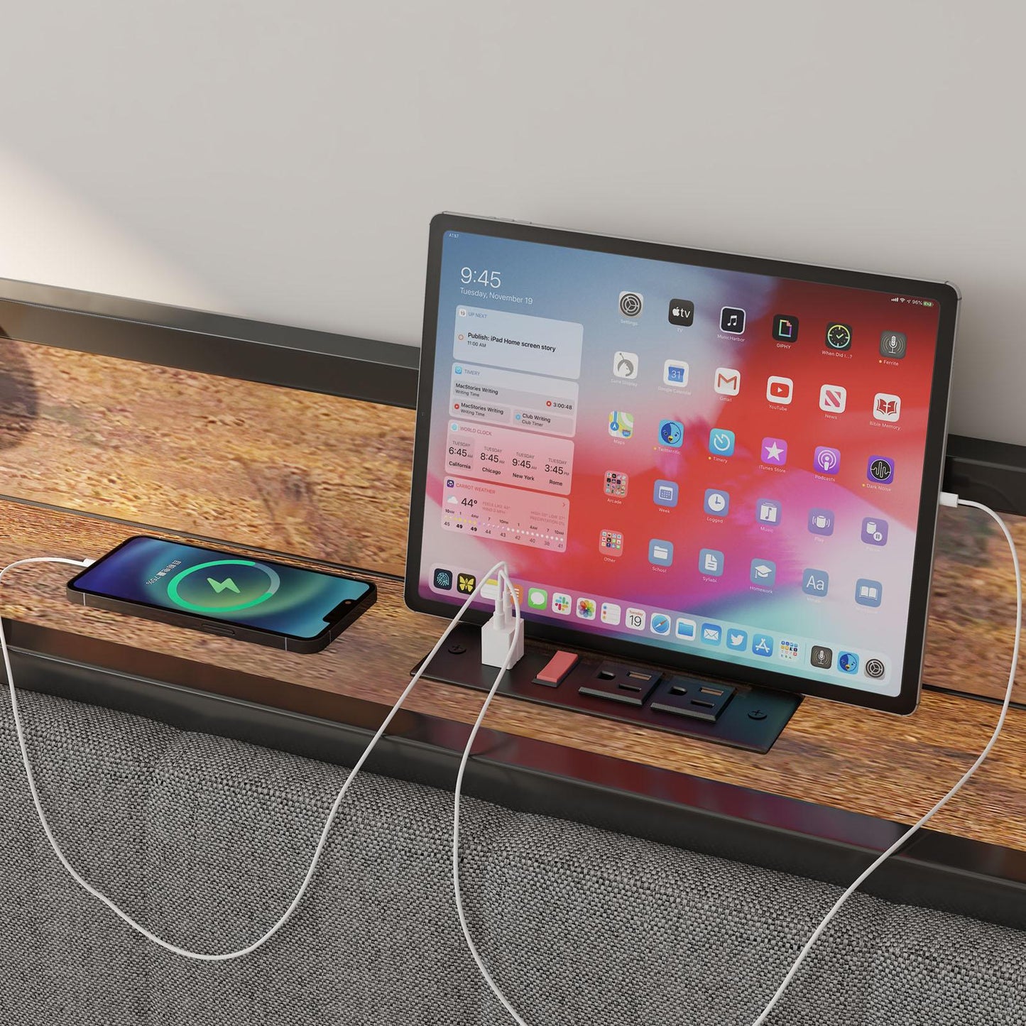 Havenly Queen Metal Platform Bed Frame with Charging Ports & Upholstered Headboard