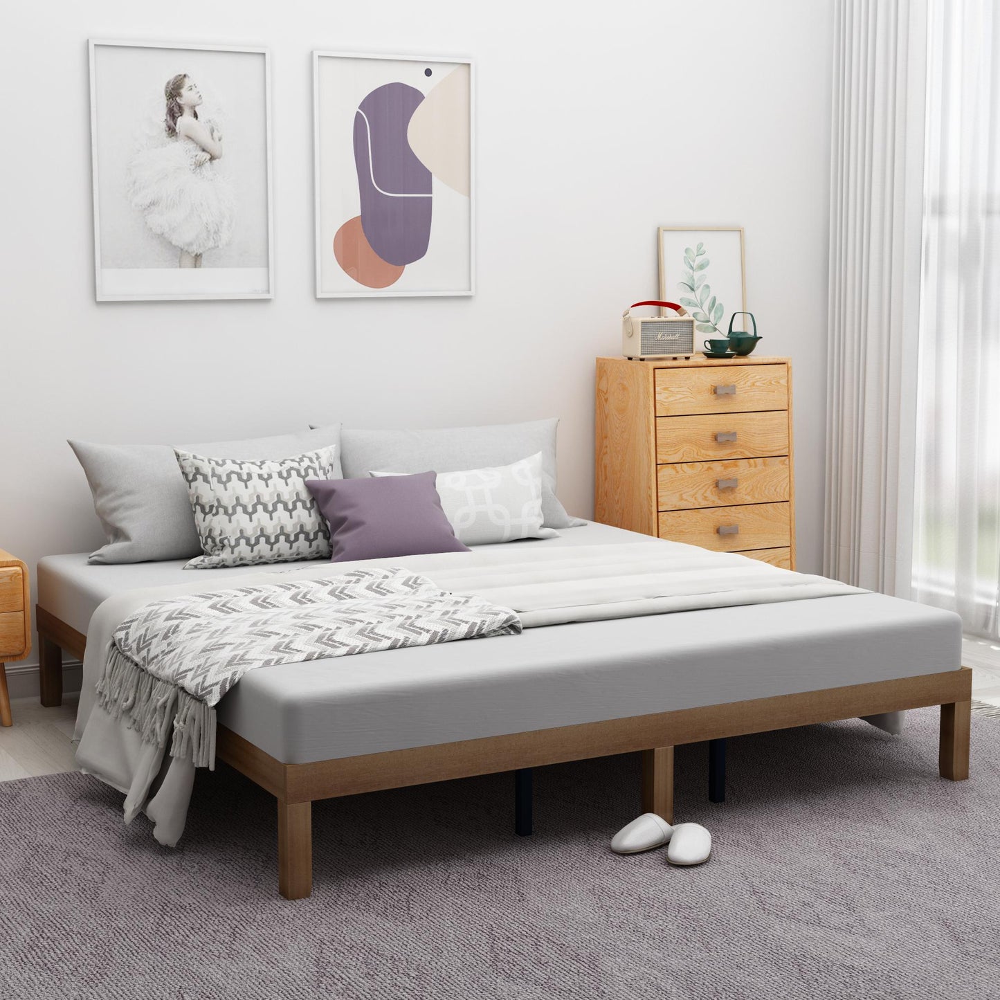 Queen Size Wood Platform Bed Frame, No Box Spring Needed