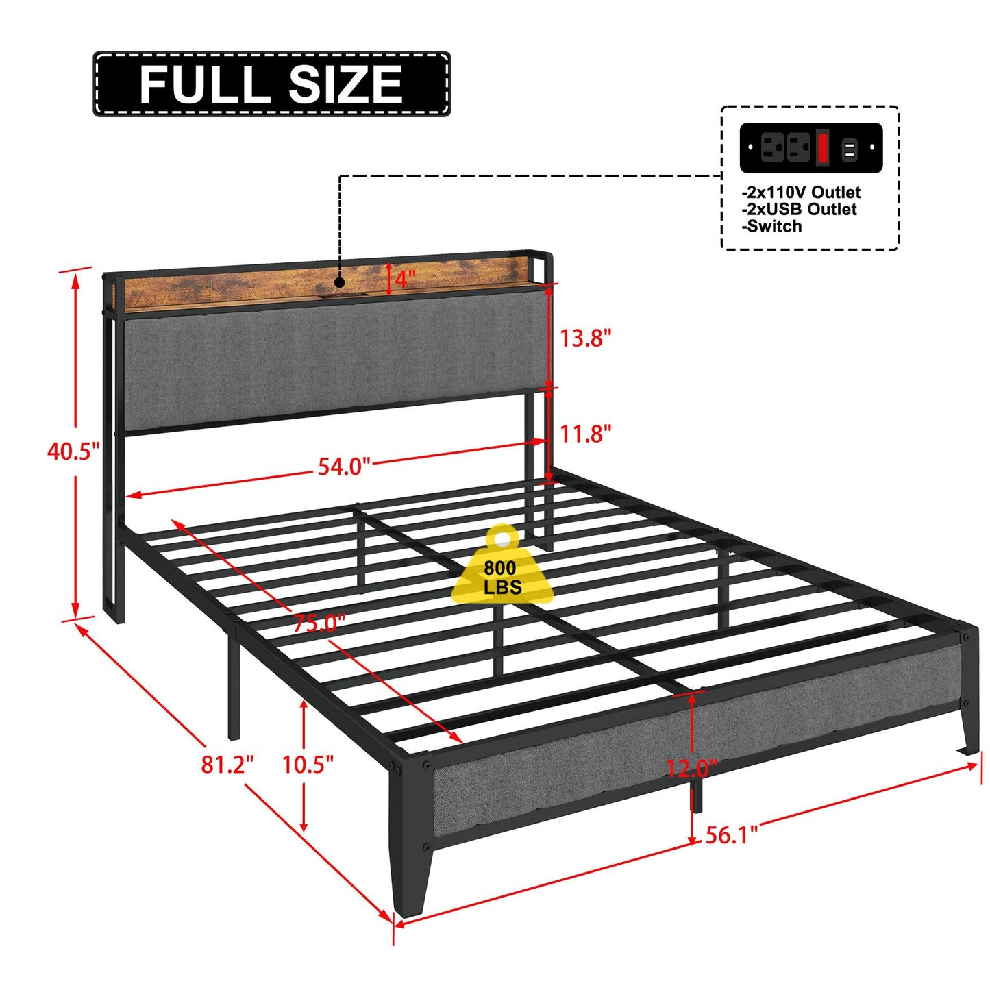 Havenly Full Metal Platform Bed Frame with Charging Ports & Upholstered Headboard