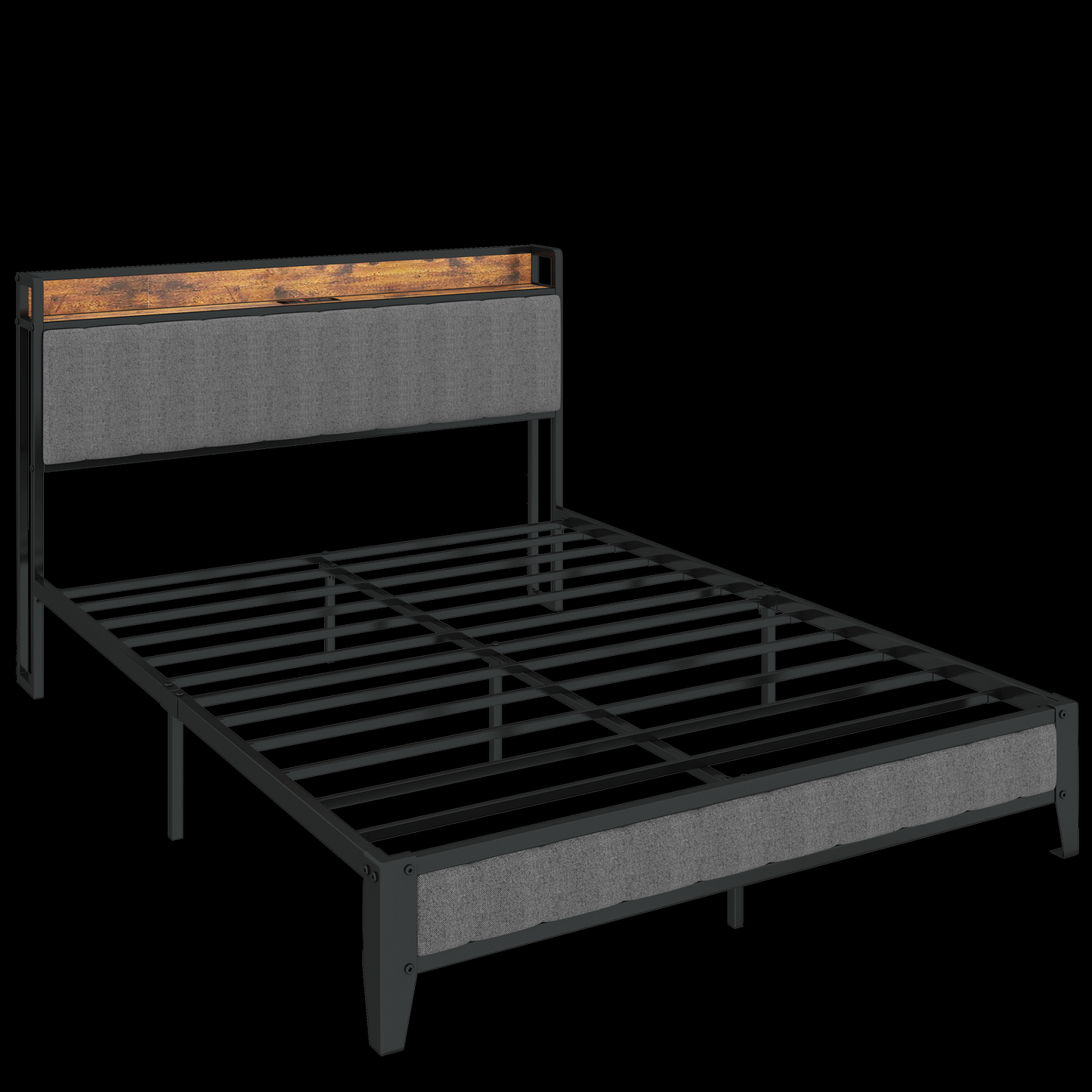 Havenly Queen Metal Platform Bed Frame with Charging Ports & Upholstered Headboard